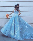Blue Tulle Ball Gown Off Shoulder Sweep Train Backless Prom Dress PL343 | light blue prom dresses | party dresses | evening dresses | formal dresses | lace prom dresses | www.promnova.com
