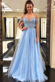 Blue Tulle Beaded A Line Spaghetti Straps Floor Length Prom Dresses, PL504