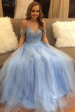 Blue Tulle Beaded A Line Spaghetti Straps Floor Length Prom Dresses, PL504 | beaded prom dresses | sparkly prom dresses | evening gown | promnova.com