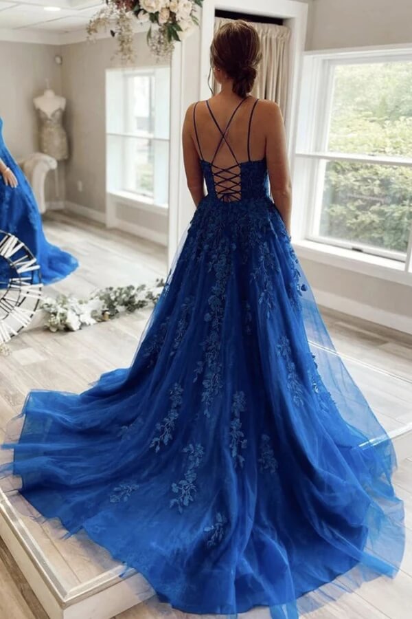 Blue Tulle Lace A-line Spaghetti Straps Prom Dresses PL442