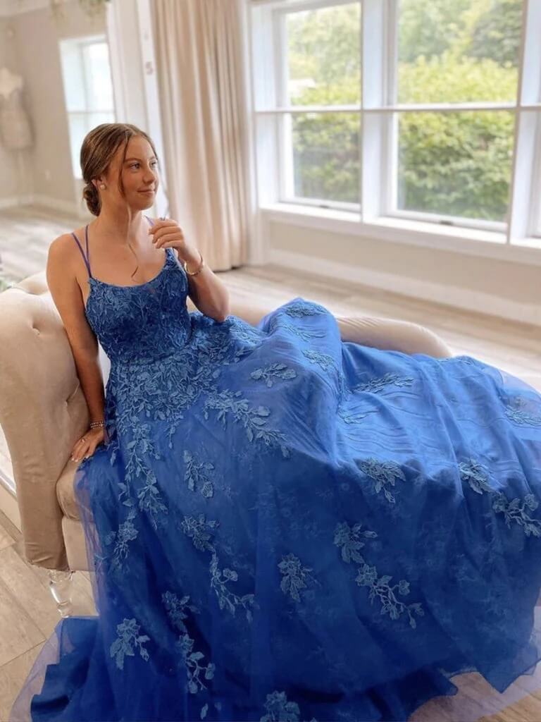 A-line Blue Round Neck Lace Prom Dress Lace Up Evening Dress US16 / Custom Color A-line Blue Round Neck Lace Prom Dress Lace Up Evening Dress US16 / Custom Color