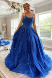 Blue Tulle Lace A-line Scoop Spaghetti Straps Prom Dresses, Evening Gowns, PL442