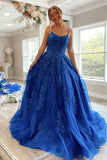 Blue Tulle Lace A-line Scoop Spaghetti Straps Prom Dresses, Evening Gowns, PL442 | blue prom dress | cheap long prom dresses | evening gown | promnova.com