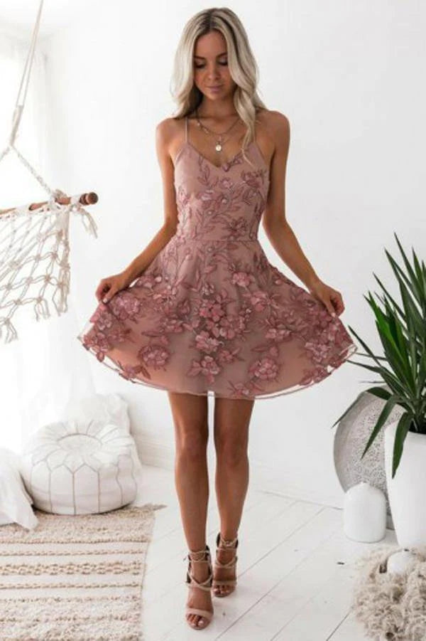 Blush A Line Spaghetti Straps V Neck Homecoming Dress PH389 | Promnova Blush A Line Spaghetti Straps V Neck Homecoming Dress PH389 | Promnova