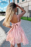 Blush Pink A Line V Neck Spaghetti Straps Lace Short Homecoming Dresses, PH384 | lace homecoming dresses | short party dresses | school event dress | promnova.com