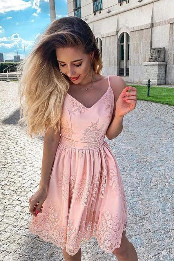 Blush Pink A Line V Neck Lace Short Homecoming Dress PH384 | Promnova Blush Pink A Line V Neck Lace Short Homecoming Dress PH384 | Promnova