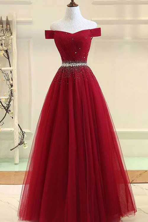 Burgundy A Line Beaded Off-the-Shoulder Prom Dresses PL432 | Promnova Burgundy A Line Beaded Off-the-Shoulder Prom Dresses PL432 | Promnova