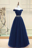 Navy Blue A Line Beaded Off-the-Shoulder Prom Dresses, Long Formal Dress, PL432 | off shoulder prom dress | prom dresses online | party dresses | promnova.com