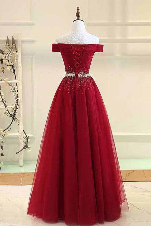 Burgundy A Line Beaded Off-the-Shoulder Prom Dresses PL432 | Promnova Burgundy A Line Beaded Off-the-Shoulder Prom Dresses PL432 | Promnova