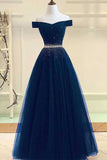 Navy Blue A Line Beaded Off-the-Shoulder Prom Dresses, Long Formal Dress, PL432 | ​cheap long prom dresses | tulle a line prom dresses | evening gown | promnova.com