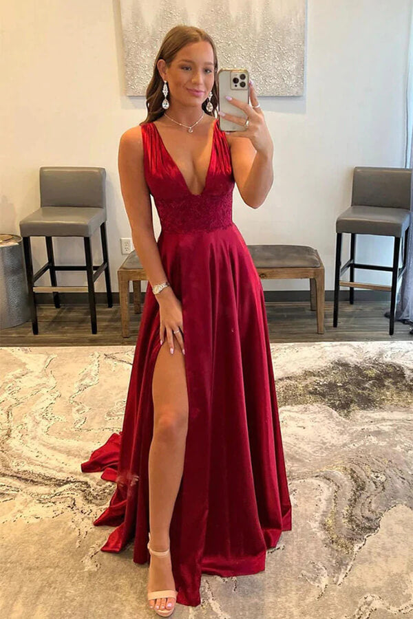 Burgundy A Line V Neck Lace Prom Dresses With High Slit, Evening Dress, PL527 | burgundy prom dresses | a line prom dress | evening dresses | promnova.com