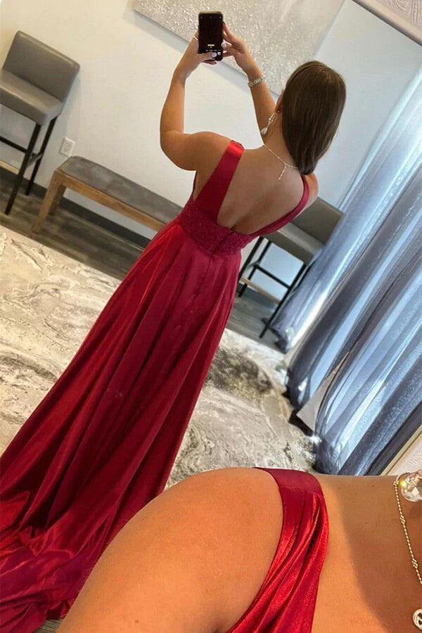 Burgundy V-Neck Satin Long Prom Dress, Simple A-Line Evening Dress US 10 / Burgundy Burgundy V-Neck Satin Long Prom Dress, Simple A-Line Evening Dress US 10 / Burgundy