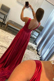 Burgundy A Line V Neck Lace Prom Dresses With High Slit, Evening Dress, PL527 | simple prom dresses | lace prom dress | evening gown | promnova.com