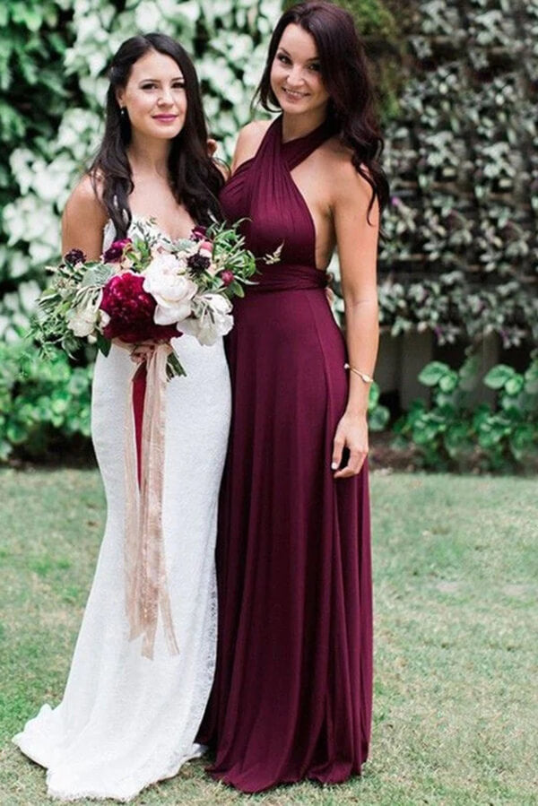 Burgundy Chiffon A Line Halter Bridesmaid Dresses PB158