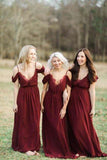 Burgundy Chiffon A Line V Neck Spaghetti Straps Long Bridesmaid Dresses, PB133