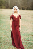 Burgundy Chiffon A Line V Neck Spaghetti Straps Long Bridesmaid Dresses, PB133 | lace bridesmaid dress | junior bridesmaid dresses | wedding party dress | promnova.com