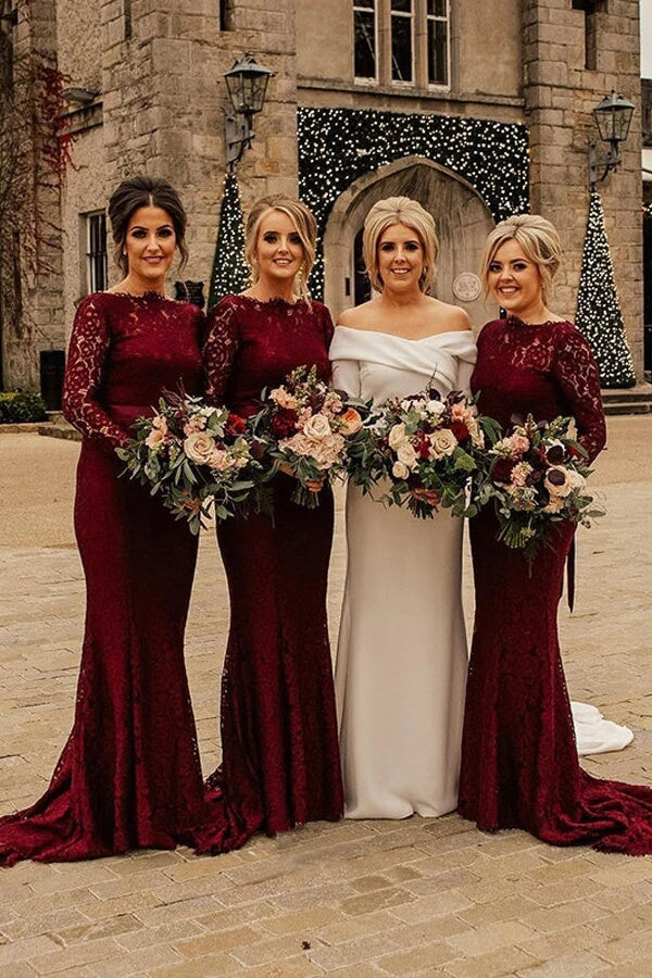 Burgundy Mermaid Long Sleeves Bridesmaid Dresses PB146 – Promnova