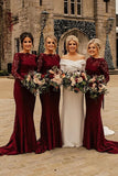 Burgundy Mermaid Lace Long Sleeves Bridesmaid Dresses With Sweep Train, PB146