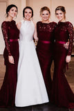 Burgundy Mermaid Lace Long Sleeves Bridesmaid Dresses With Sweep Train, PB146 | mermaid bridesmaid dresses | junior bridesmaid dress | wedding guest dress | promnova.com