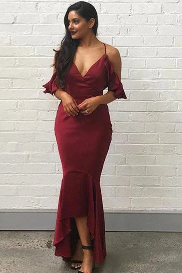 burgundy spaghetti strap bridesmaid dress KissProm