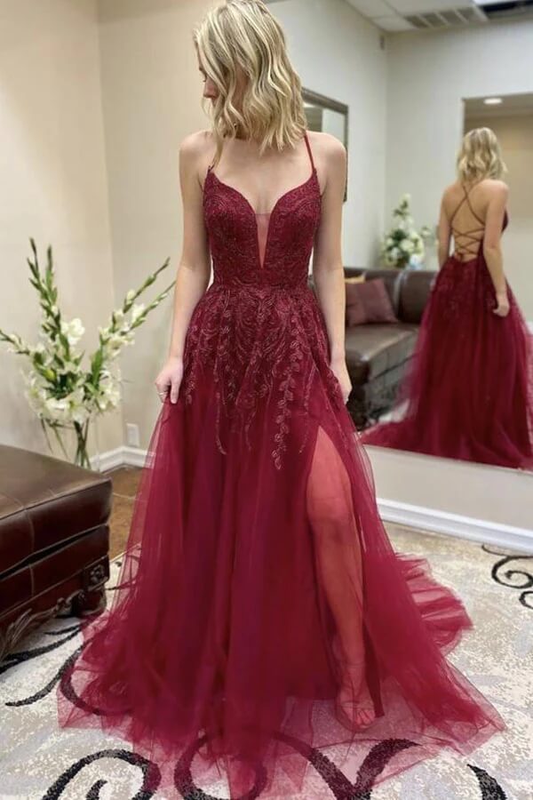 ​Burgundy Tulle A Line V Neck Lace Appliques Long Prom Dresses With Slit, PL455 | dark red prom dresses | evening dresses | long formal dresses | promnova.com