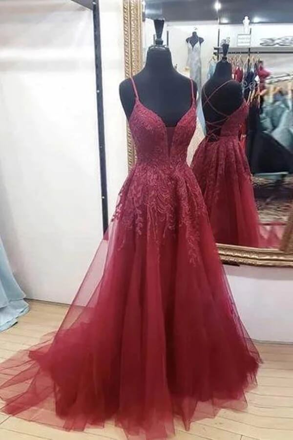 Burgundy Tulle A Line V Neck Lace Appliques Long Prom Dresses With Slit, PL455 | cheap lace prom dresses | party dresses | prom dresses online | promnova.com