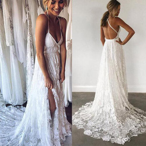 ​Charming A-line Lace Spaghetti Straps Split Ivory Long Beach Wedding Dress PW232 | cheap lace wedding dresses | wedding dresses stores | wedding gowns | promnova.com​