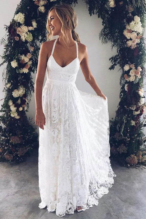 Charming A-line Lace Spaghetti Straps Split Ivory Long Beach Wedding Dress PW232 US10 / As Picture Charming A-line Lace Spaghetti Straps Split Ivory Long Beach Wedding Dress PW232 US10 / As Picture