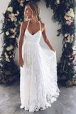 Charming A-line Lace Spaghetti Straps Split Ivory Long Beach Wedding Dress PW232 | beach wedding dresses | a line wedding dresses | lace wedding gown | promnova.com