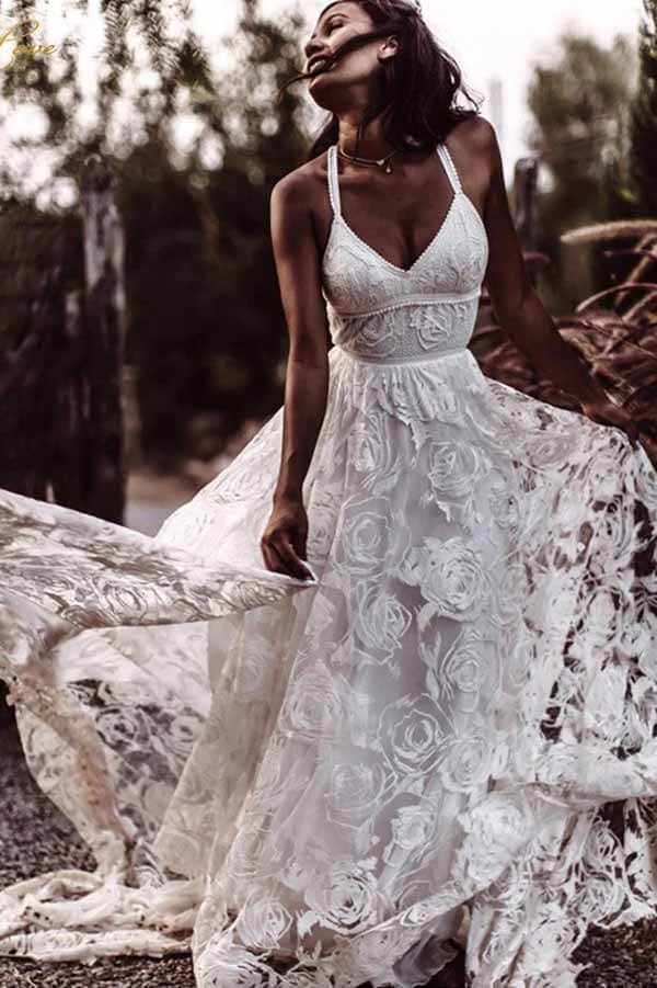 Ivory A Line Spaghetti Straps Lace Wedding Dresses PW301 | Promnova Ivory A Line Spaghetti Straps Lace Wedding Dresses PW301 | Promnova