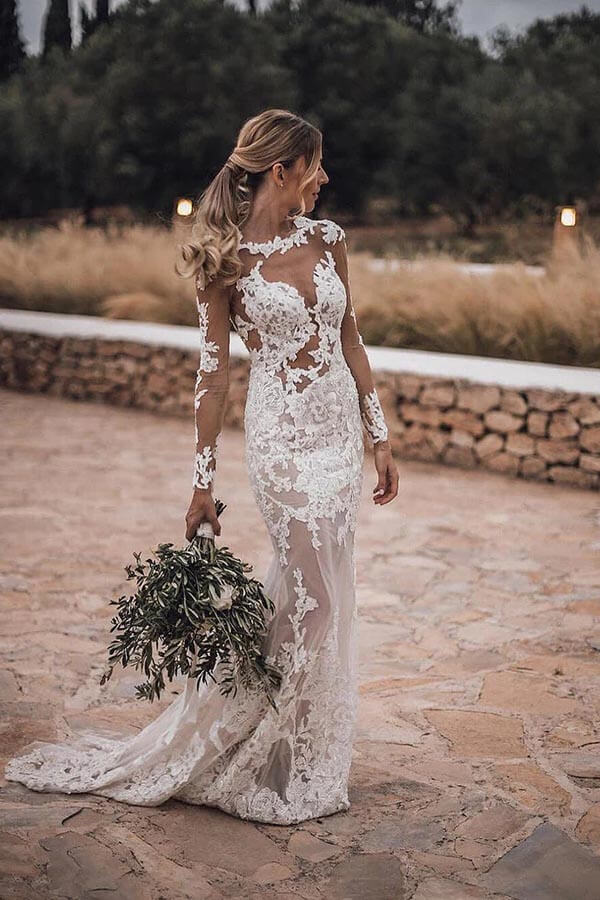 Sheath Illusion Long Sleeves Lace Beach Wedding Dress PW336 | Promnova