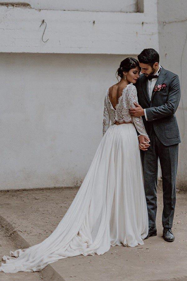 Two Piece Bateau Long Sleeves Chiffon Wedding Dress with Lace US4 / White Two Piece Bateau Long Sleeves Chiffon Wedding Dress with Lace US4 / White
