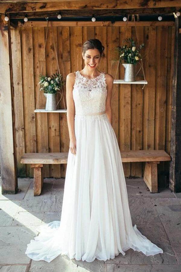 Chiffon Lace A Line Boho Beach Wedding Dresses PW287