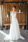 Chiffon Lace A Line Boho Beach Wedding Dresses, Bridal Gown With Train, PW287 | chiffon wedding dresses | summer wedding dresses | lace wedding gown | promnova.com