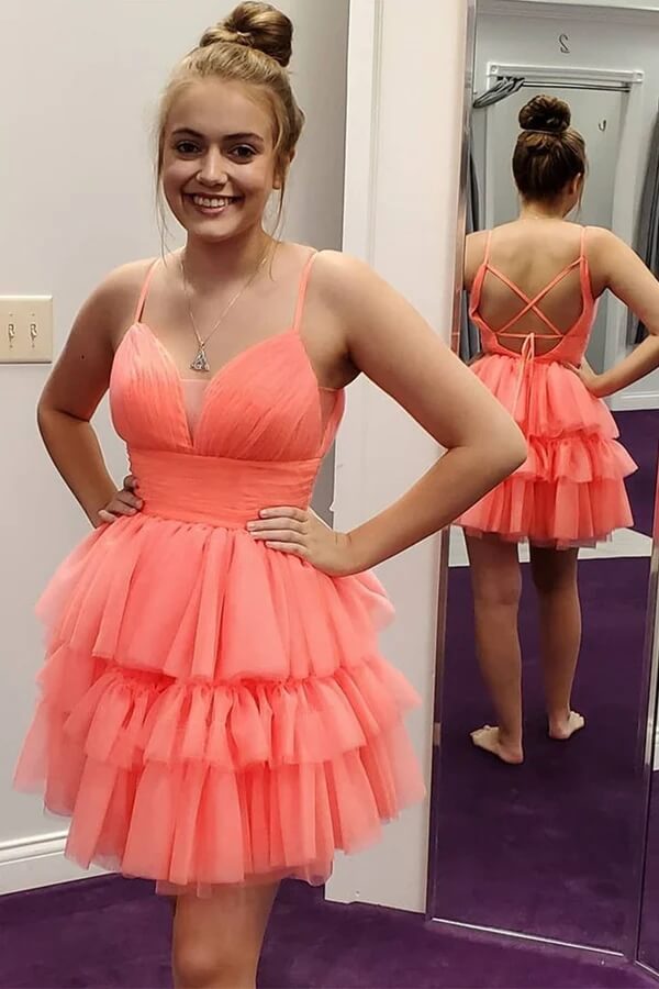Coral Tulle A Line V Neck Layered Homecoming Dresses, Short Party Dress, PH383 | coral homecoming dress | short prom dress | school event dresses | promnova.com