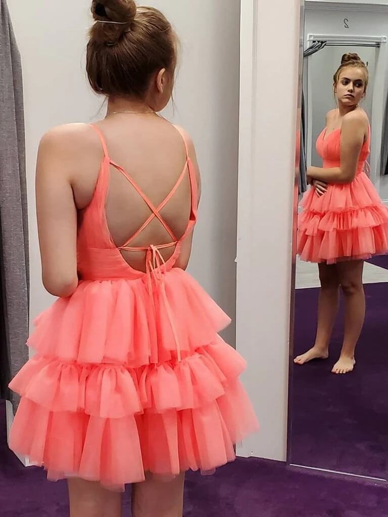 Coral Tulle A Line V Neck Layered Homecoming Dresses, Short Party Dress, PH383 | cheap homecoming dresses | graduation dresses | homecoming dresses online | promnova.com