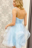 Cute Blue Tulle A Line V Neck Spaghetti Straps Short Homecoming Dresses, PH407 | cheap homecoming dresses | school event dresses | graduation dresses | promnova.com