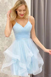 Cute Blue Tulle A Line V Neck Spaghetti Straps Short Homecoming Dresses, PH407 | blue homecoming dresses | a line homecoming dress | beaded homecoming dresses | promnova.com