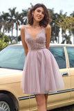 Cute Blush Pink Sequins A Line V Neck Homcoming Dress, Short Prom Dress, PH406 | short homecoming dresses | pink homecoming dress | short party dresses | promnova.com