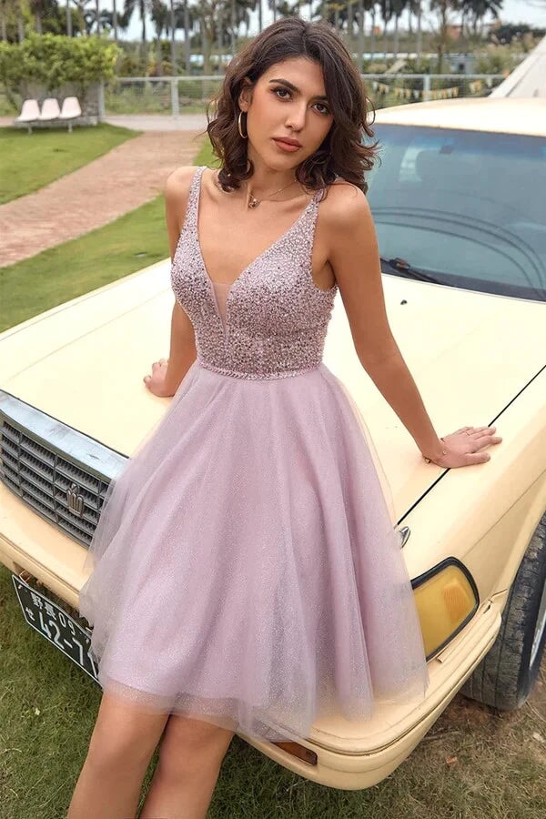 Cute Blush Pink Sequins A Line V Neck Homcoming Dress PH406