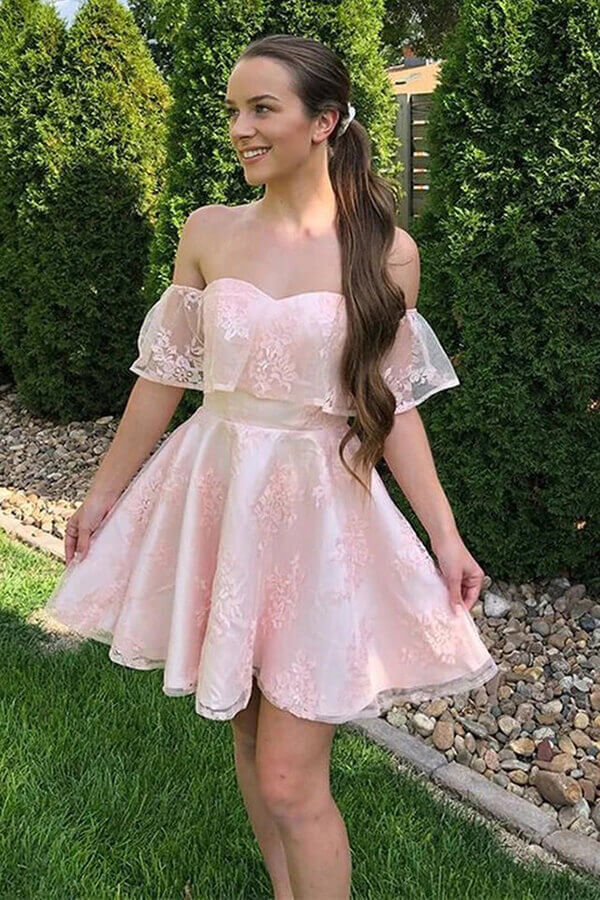 Cute Pink Off Shoulder Lace Short Homecoming Dresses PH394 | Promnova US2 / As Picture