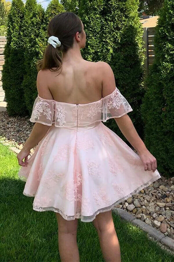 Cute Pink Off Shoulder Lace Short Homecoming Dresses PH394 | Promnova US2 / As Picture Cute Pink Off Shoulder Lace Short Homecoming Dresses PH394 | Promnova US2 / As Picture