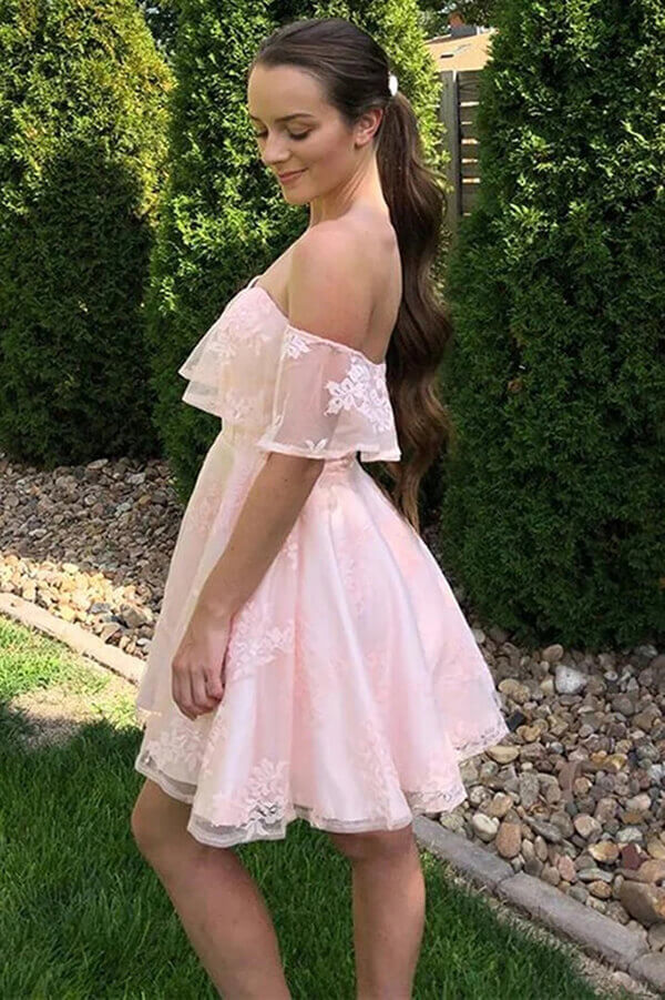 Cute Pink Off Shoulder Lace Short Homecoming Dresses PH394 | Promnova US2 / As Picture Cute Pink Off Shoulder Lace Short Homecoming Dresses PH394 | Promnova US2 / As Picture