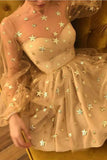 ​Cute Tulle Long Sleeves Short Homecoming Dresses with Stars, Party Dress, PH361 | yellow homecoming dress | tulle homecoming dress | school event dress | www.promnova.com