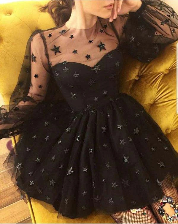 Cute Tulle Long Sleeves Short Homecoming Dresses PH361 | Promnova US8 / Gold Cute Tulle Long Sleeves Short Homecoming Dresses PH361 | Promnova US8 / Gold
