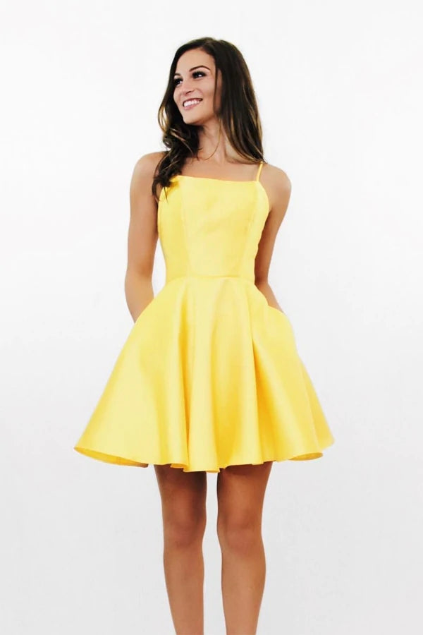 Cute Yellow A Line Satin Lace up Back Homecoming Dresses With Pockets, PH368 | short homecoming dresses near me | cheap homecoming dress | short party dresses | promnova.com