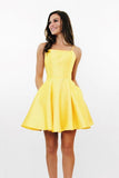 Cute Yellow A Line Satin Lace up Back Homecoming Dresses With Pockets, PH368