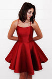 Burgundy A Line Satin Lace up Back Homecoming Dresses With Pockets, PH368 | graduation dress | school event dress | sweet 16 dress | promnova.com