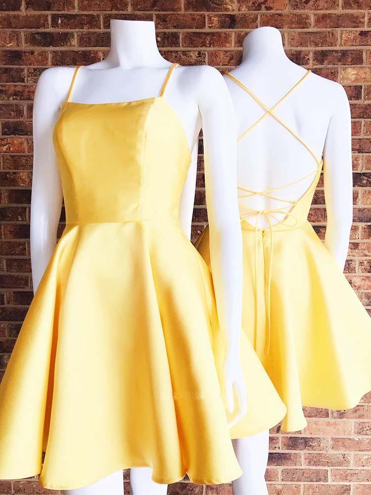 Cute Yellow A Line Satin Lace up Back Homecoming Dresses With Pockets, PH368 | simple homecoming dresses | a line homecoming dresses | short prom dress | promnova.com