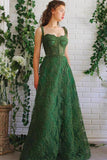 Dark Green A Line Spaghetti Straps Lace Prom Dresses, Long Formal Dresses, PL422